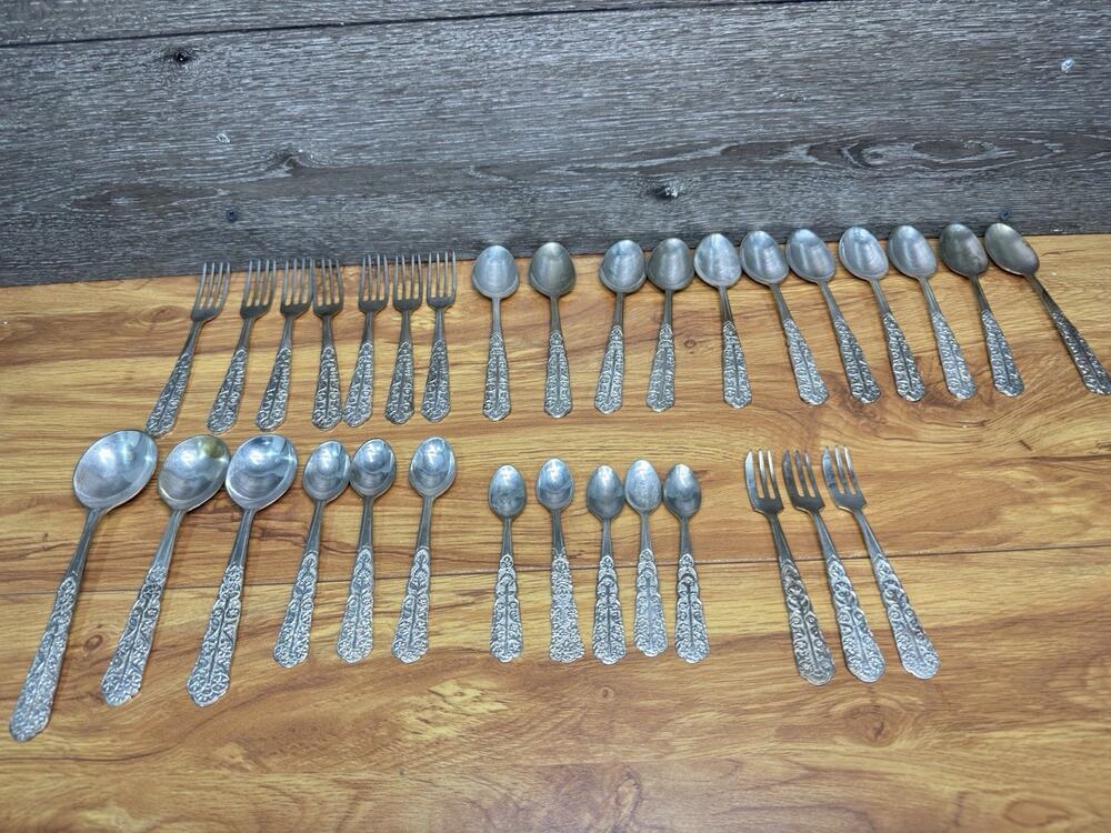 Antique German Silver Alpacca Flatware Set (32 Pieces) - Ornate Scroll Design